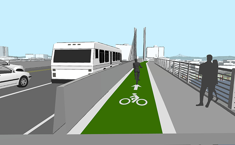 Una vista digital de una barrera antichoque entre los vehículos de motor y el carril para bicicletas y peatones en el puente Burnside. 